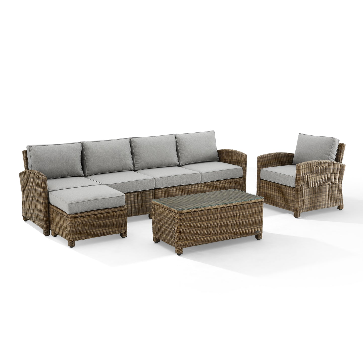 Bradenton 5Pc Outdoor Wicker Sectional Set Gray /Weathered Brown - Left Loveseat, Right Loveseat, Armchair, Coffee Table, & Ottoman