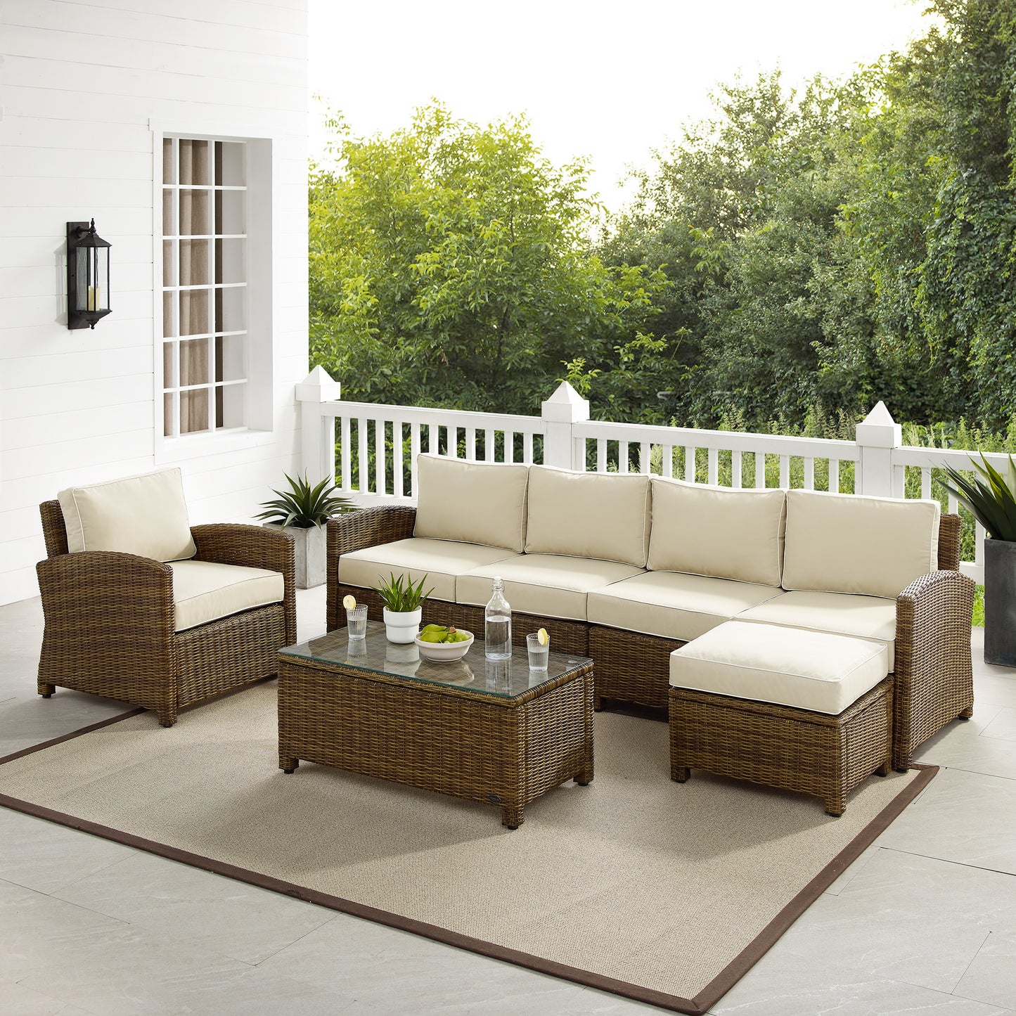 Bradenton 5Pc Outdoor Wicker Sectional Set Sand /Weathered Brown - Left Loveseat, Right Loveseat, Armchair, Coffee Table, & Ottoman