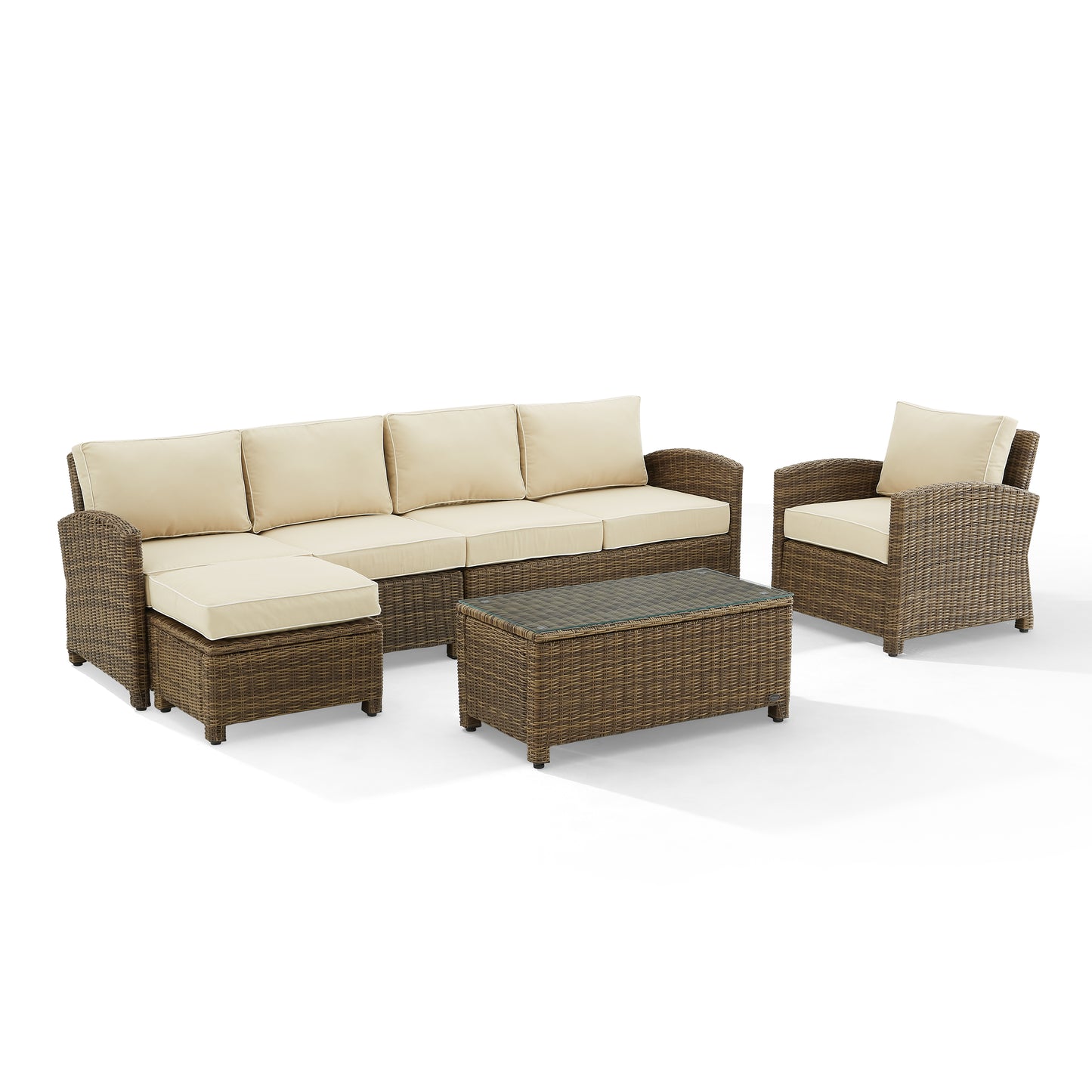 Bradenton 5Pc Outdoor Wicker Sectional Set Sand /Weathered Brown - Left Loveseat, Right Loveseat, Armchair, Coffee Table, & Ottoman