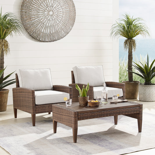 Capella Outdoor Wicker 3Pc Chair Set Creme/Brown - Coffee Table & 2 Armchairs