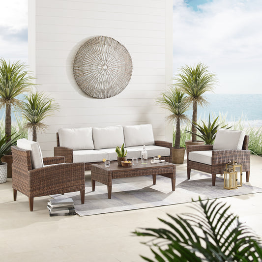 Capella Outdoor Wicker 4Pc Sofa Set Creme/Brown - Coffee Table, Sofa, & 2 Armchairs