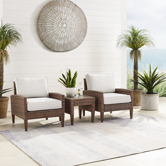 Capella 3Pc Outdoor Wicker Chair Set Creme/Brown - Side Table & 2 Armchairs