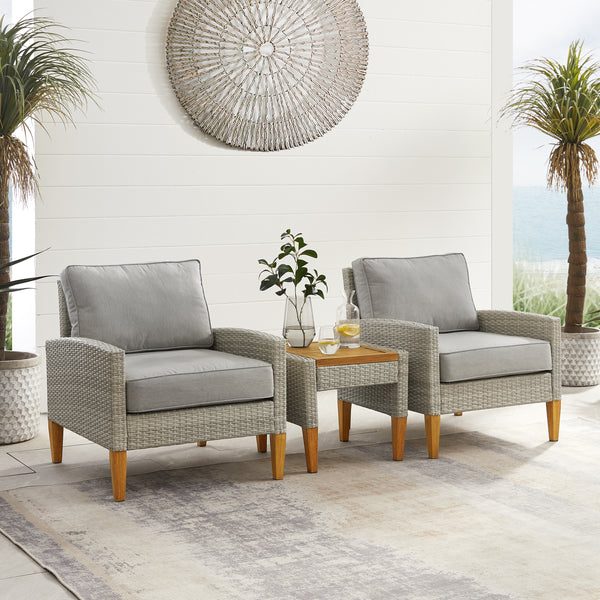 Capella 3Pc Outdoor Wicker Chair Set Gray/Acorn - Side Table & 2 Armchairs