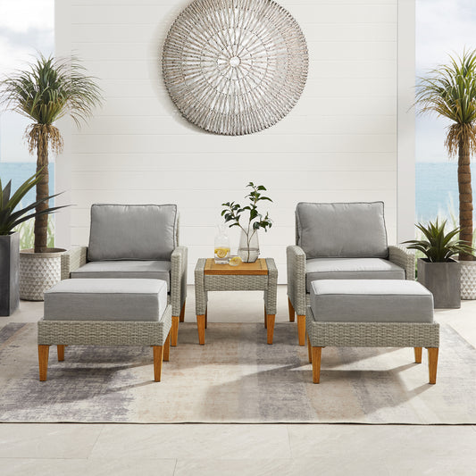 Capella 5Pc Outdoor Wicker Chair Set Gray/Acorn - Side Table, 2 Armchairs, & 2 Ottomans