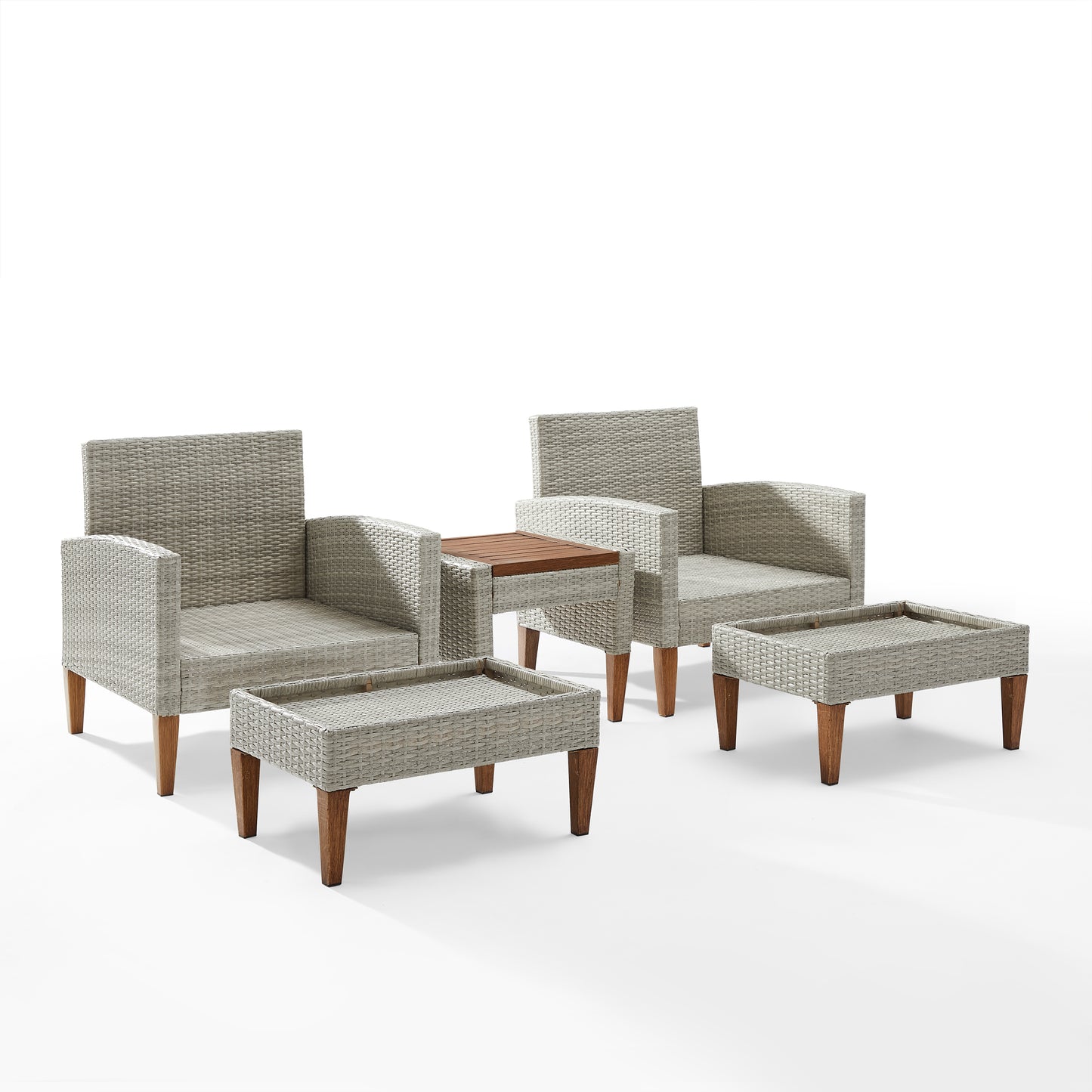 Capella 5Pc Outdoor Wicker Chair Set Gray/Acorn - Side Table, 2 Armchairs, & 2 Ottomans