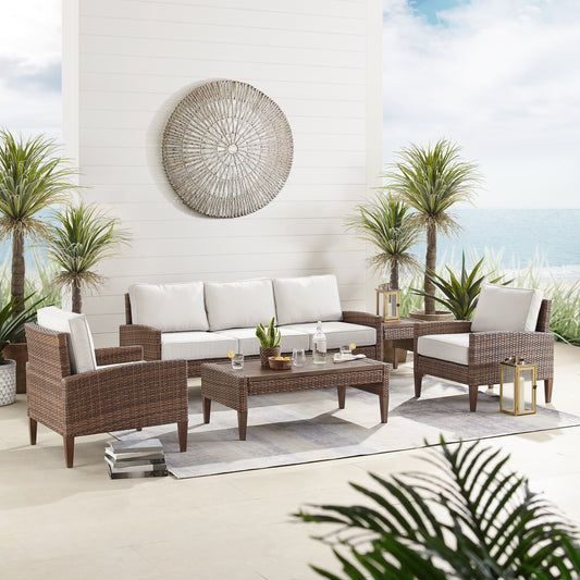 Capella 5Pc Outdoor Wicker Sofa Set Creme/Brown - Sofa, Coffee Table, Side Table, & 2 Armchairs