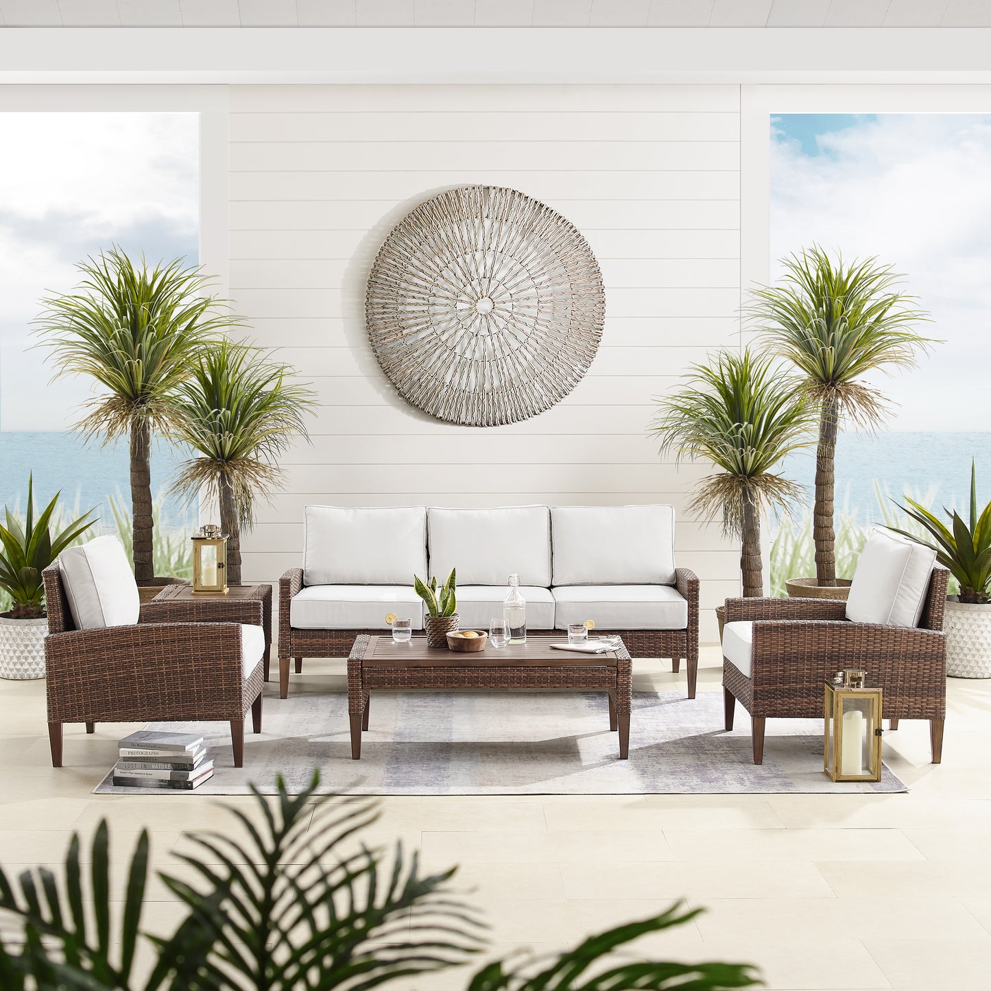 Capella 5Pc Outdoor Wicker Sofa Set Creme/Brown - Sofa, Coffee Table, Side Table, & 2 Armchairs