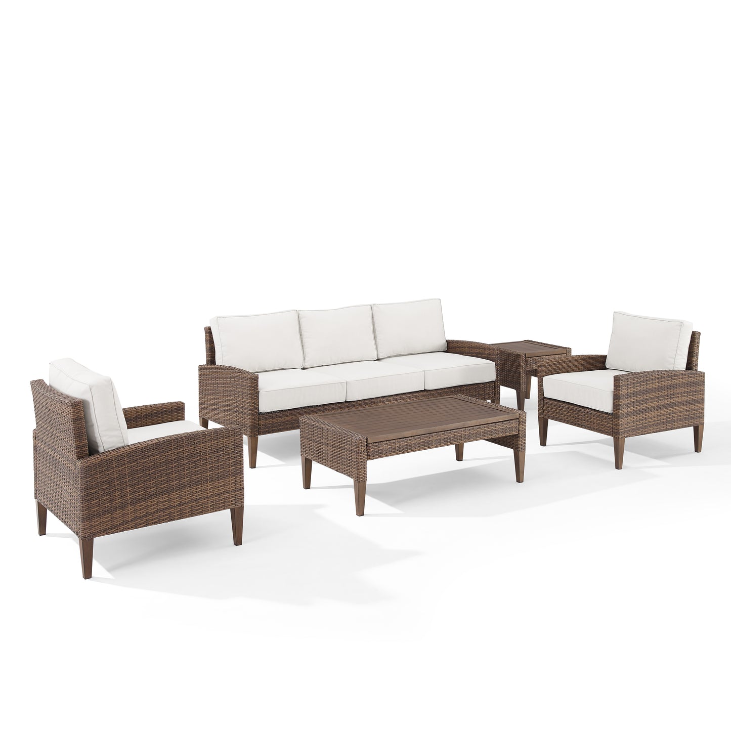 Capella 5Pc Outdoor Wicker Sofa Set Creme/Brown - Sofa, Coffee Table, Side Table, & 2 Armchairs