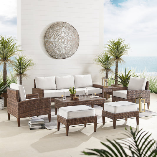 Capella 7Pc Outdoor Wicker Sofa Set Creme/Brown - Sofa, Coffee Table, Side Table, 2 Armchairs, & 2 Ottomans