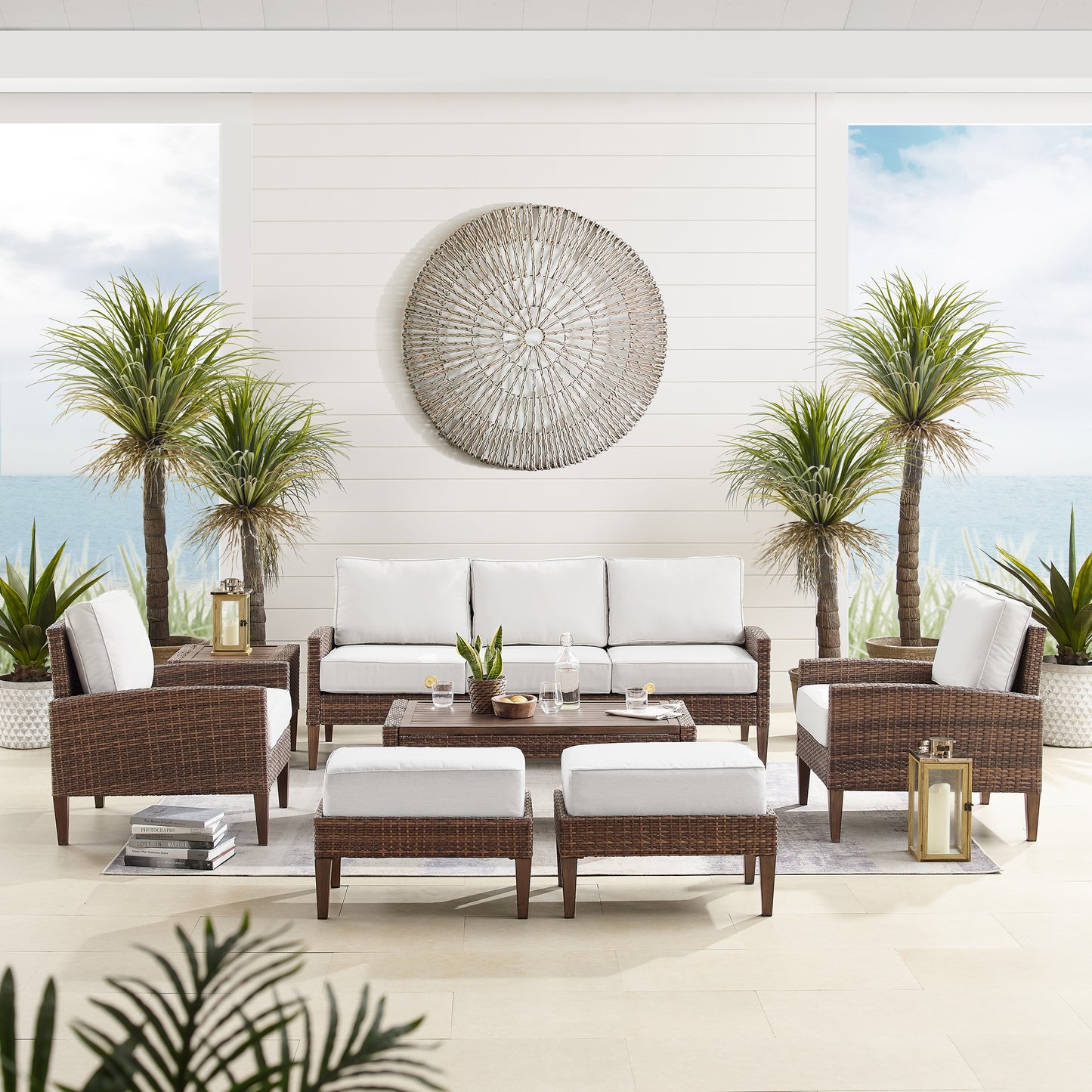 Capella 7Pc Outdoor Wicker Sofa Set Creme/Brown - Sofa, Coffee Table, Side Table, 2 Armchairs, & 2 Ottomans