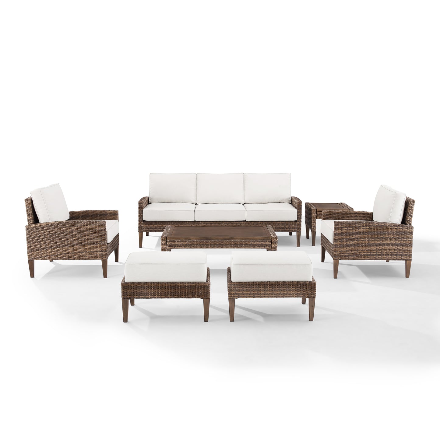 Capella 7Pc Outdoor Wicker Sofa Set Creme/Brown - Sofa, Coffee Table, Side Table, 2 Armchairs, & 2 Ottomans