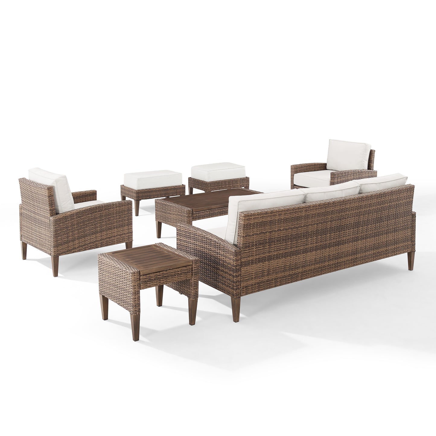 Capella 7Pc Outdoor Wicker Sofa Set Creme/Brown - Sofa, Coffee Table, Side Table, 2 Armchairs, & 2 Ottomans