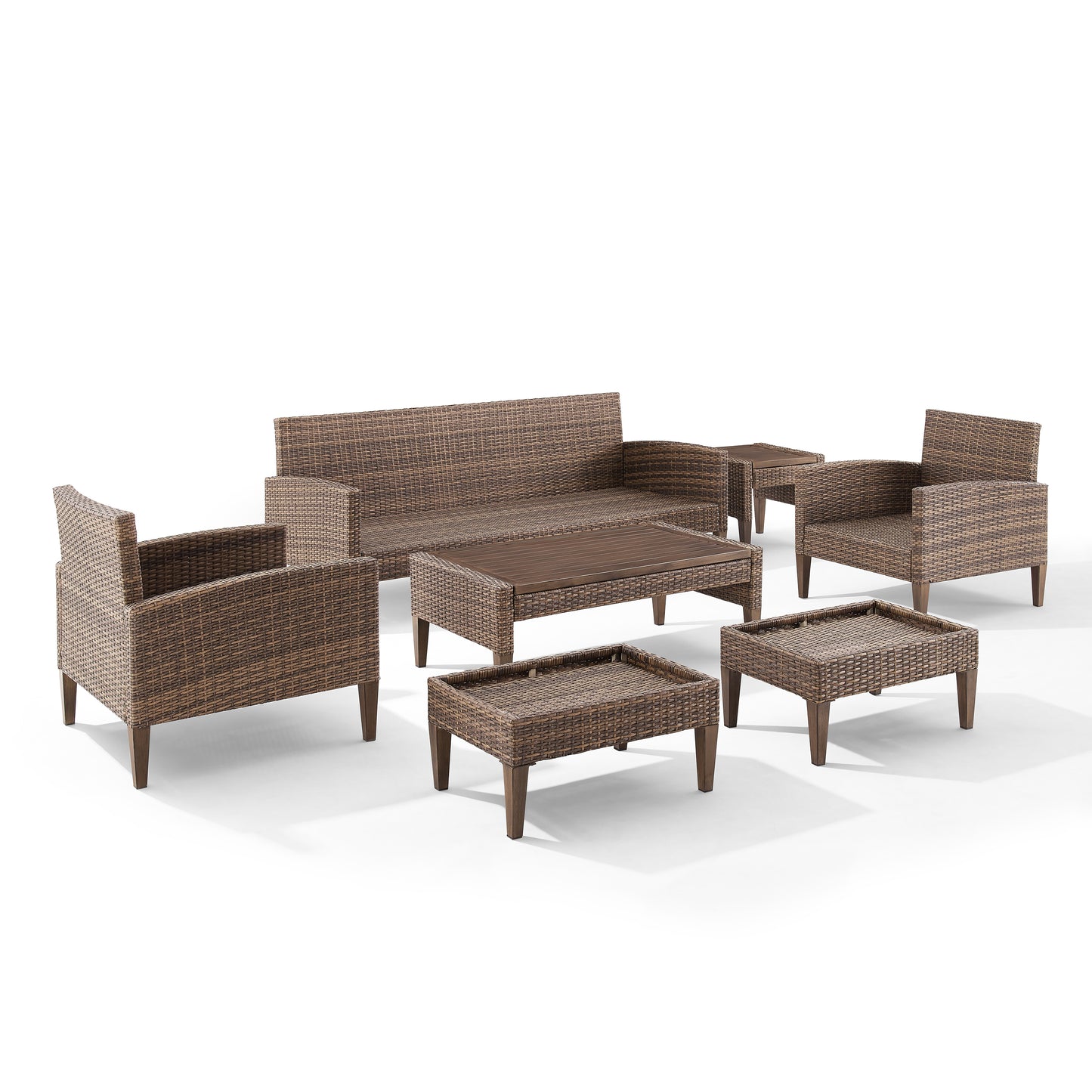 Capella 7Pc Outdoor Wicker Sofa Set Creme/Brown - Sofa, Coffee Table, Side Table, 2 Armchairs, & 2 Ottomans