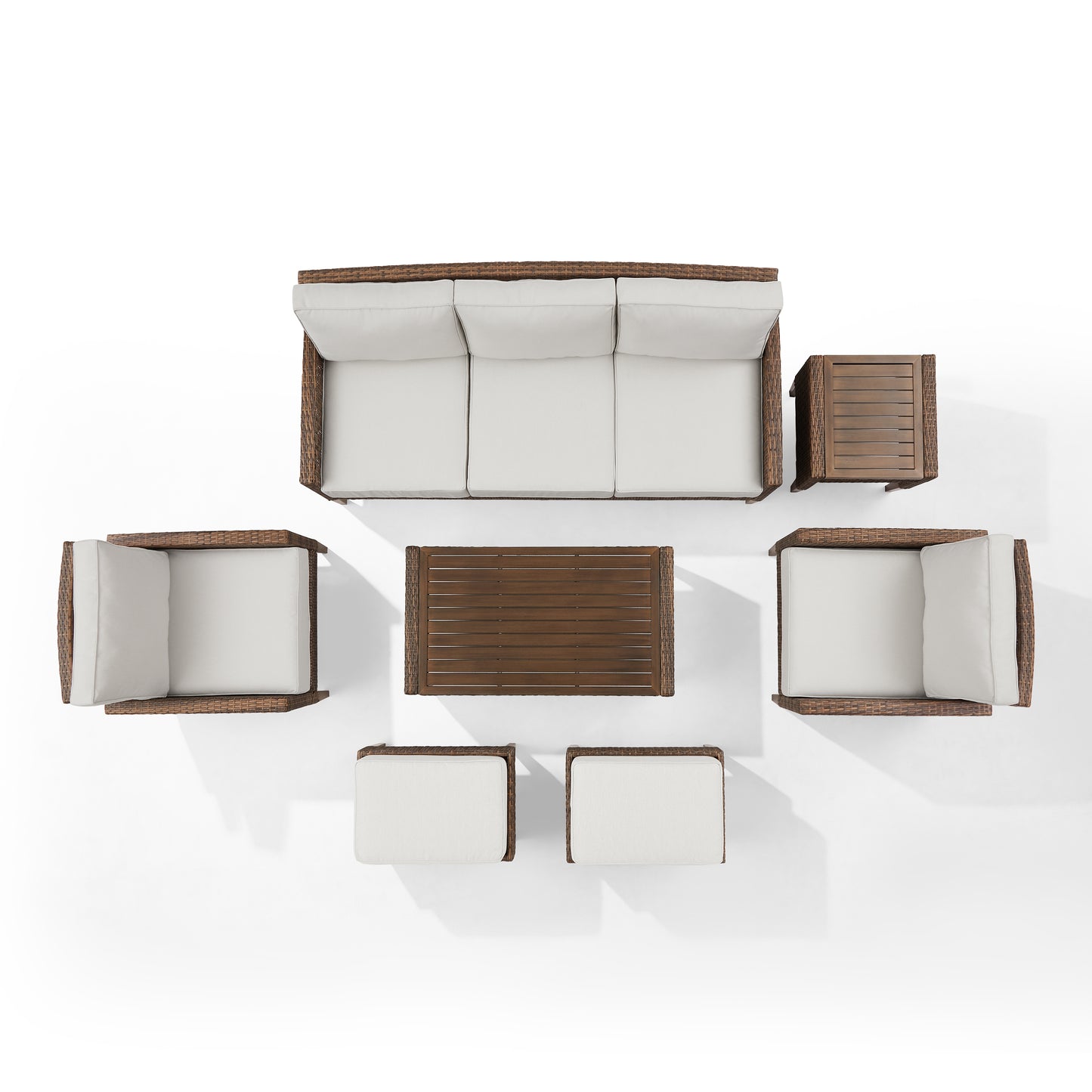 Capella 7Pc Outdoor Wicker Sofa Set Creme/Brown - Sofa, Coffee Table, Side Table, 2 Armchairs, & 2 Ottomans