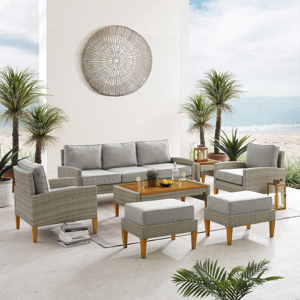 Capella 7Pc Outdoor Wicker Sofa Set Gray/Acorn - Sofa, Coffee Table, Side Table, 2 Armchairs, & 2 Ottomans