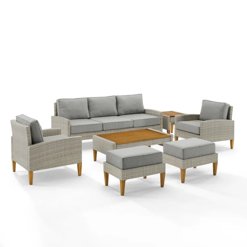 Capella 7Pc Outdoor Wicker Sofa Set Gray/Acorn - Sofa, Coffee Table, Side Table, 2 Armchairs, & 2 Ottomans