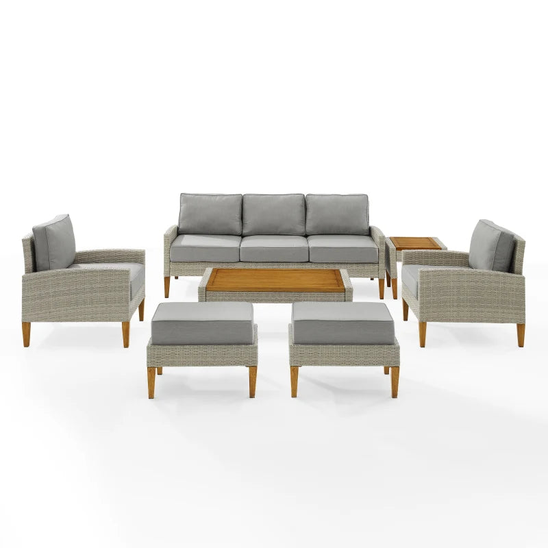 Capella 7Pc Outdoor Wicker Sofa Set Gray/Acorn - Sofa, Coffee Table, Side Table, 2 Armchairs, & 2 Ottomans