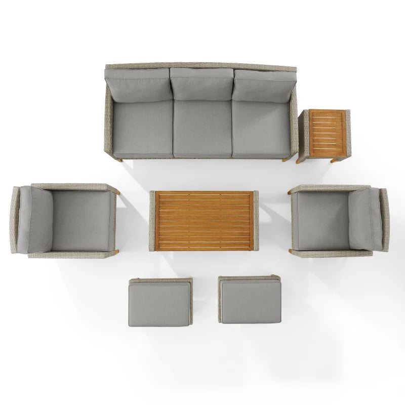 Capella 7Pc Outdoor Wicker Sofa Set Gray/Acorn - Sofa, Coffee Table, Side Table, 2 Armchairs, & 2 Ottomans