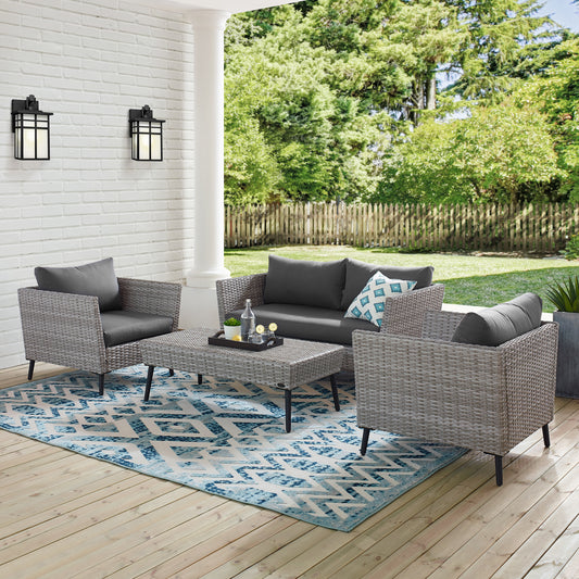 Richland 4Pc Outdoor Wicker Conversation Set Charcoal/Gray - Loveseat, Coffee Table, & 2 Arm Chairs