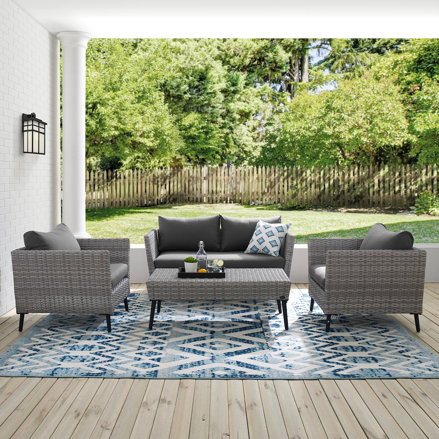 Richland 4Pc Outdoor Wicker Conversation Set Charcoal/Gray - Loveseat, Coffee Table, & 2 Arm Chairs