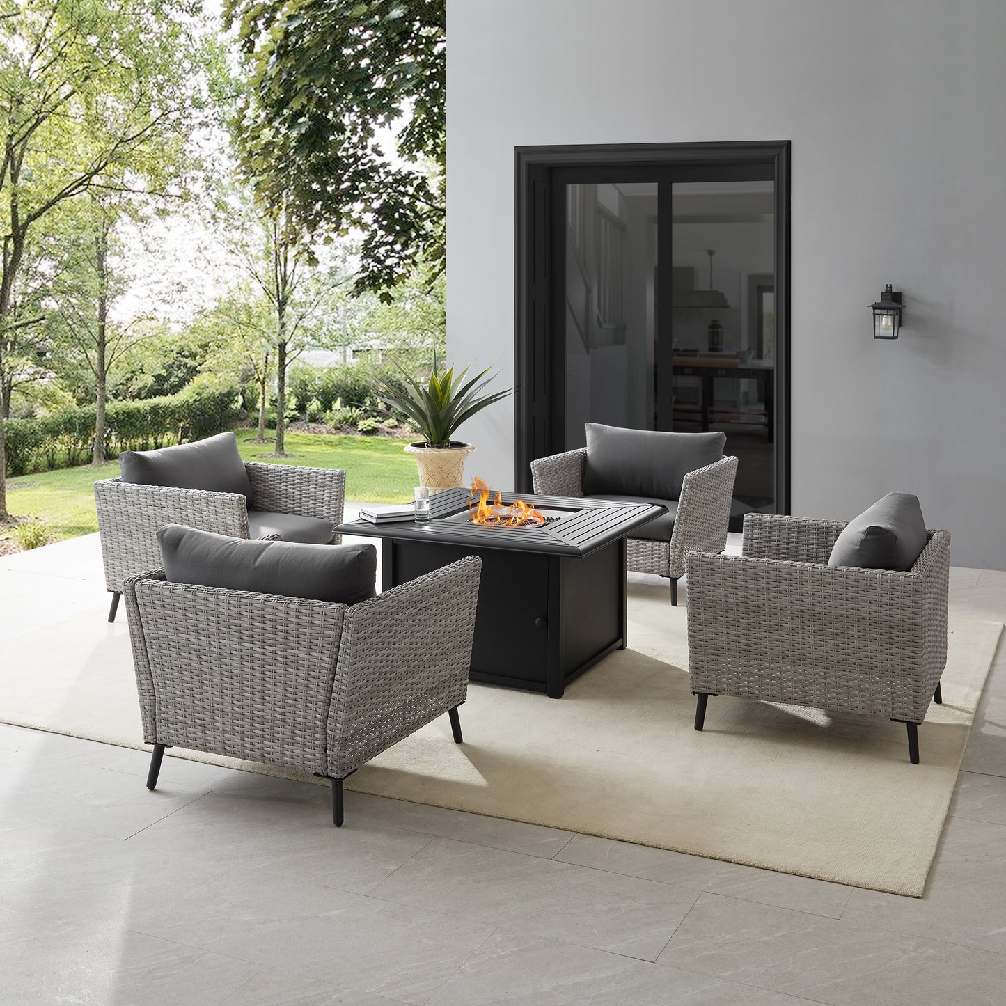 Richland 5Pc Outdoor Wicker Conversation Set W/Fire Table Gray/Black - Dante Fire Table & 4 Armchairs