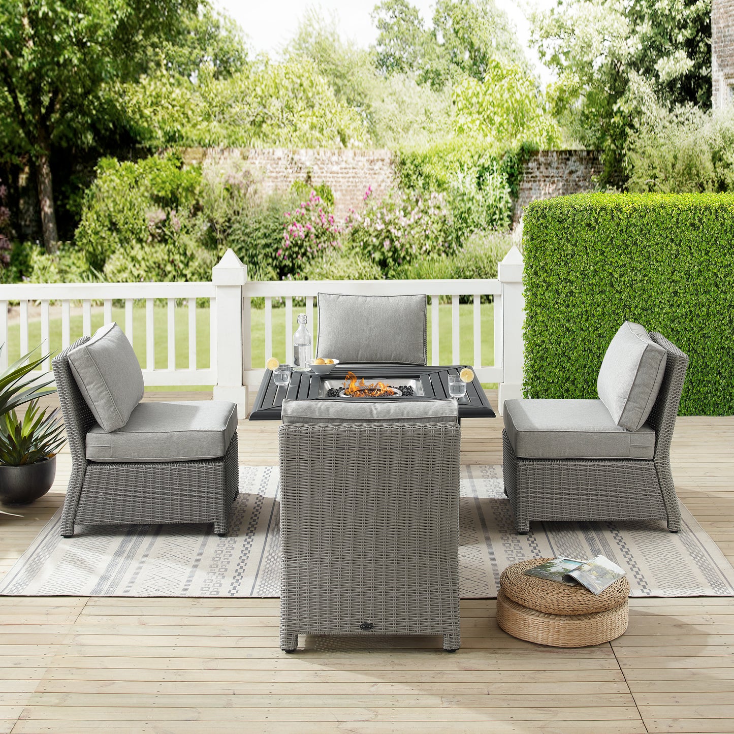 Bradenton 5Pc Outdoor Wicker Conversation Set W/Fire Table Gray/Gray - Dante Fire Table & 4 Armless Chairs