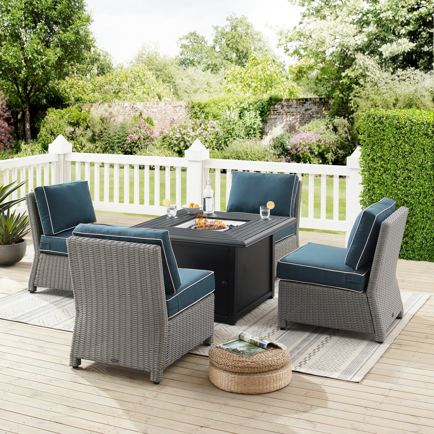 Bradenton 5Pc Outdoor Wicker Conversation Set W/Fire Table Navy/Gray - Dante Fire Table & 4 Armless Chairs