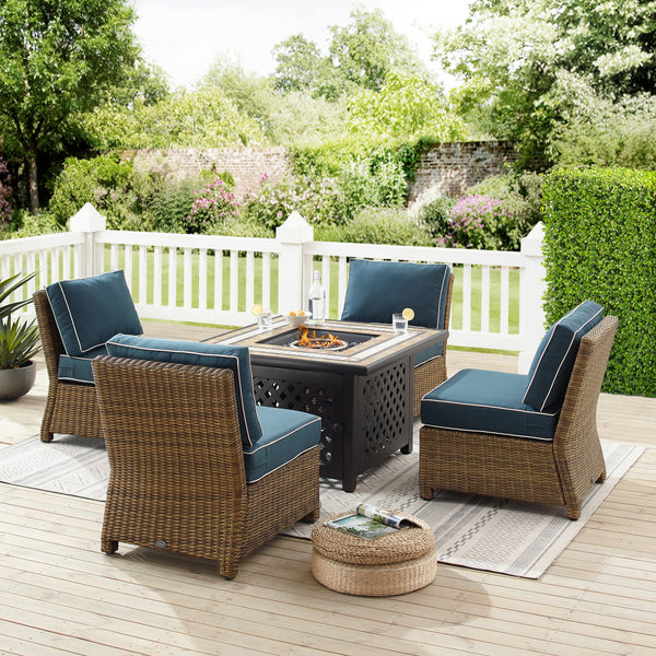 Bradenton 5Pc Outdoor Wicker Conversation Set W/Fire Table Navy/Weathered Brown - Tucson Fire Table & 4 Armless Chairs