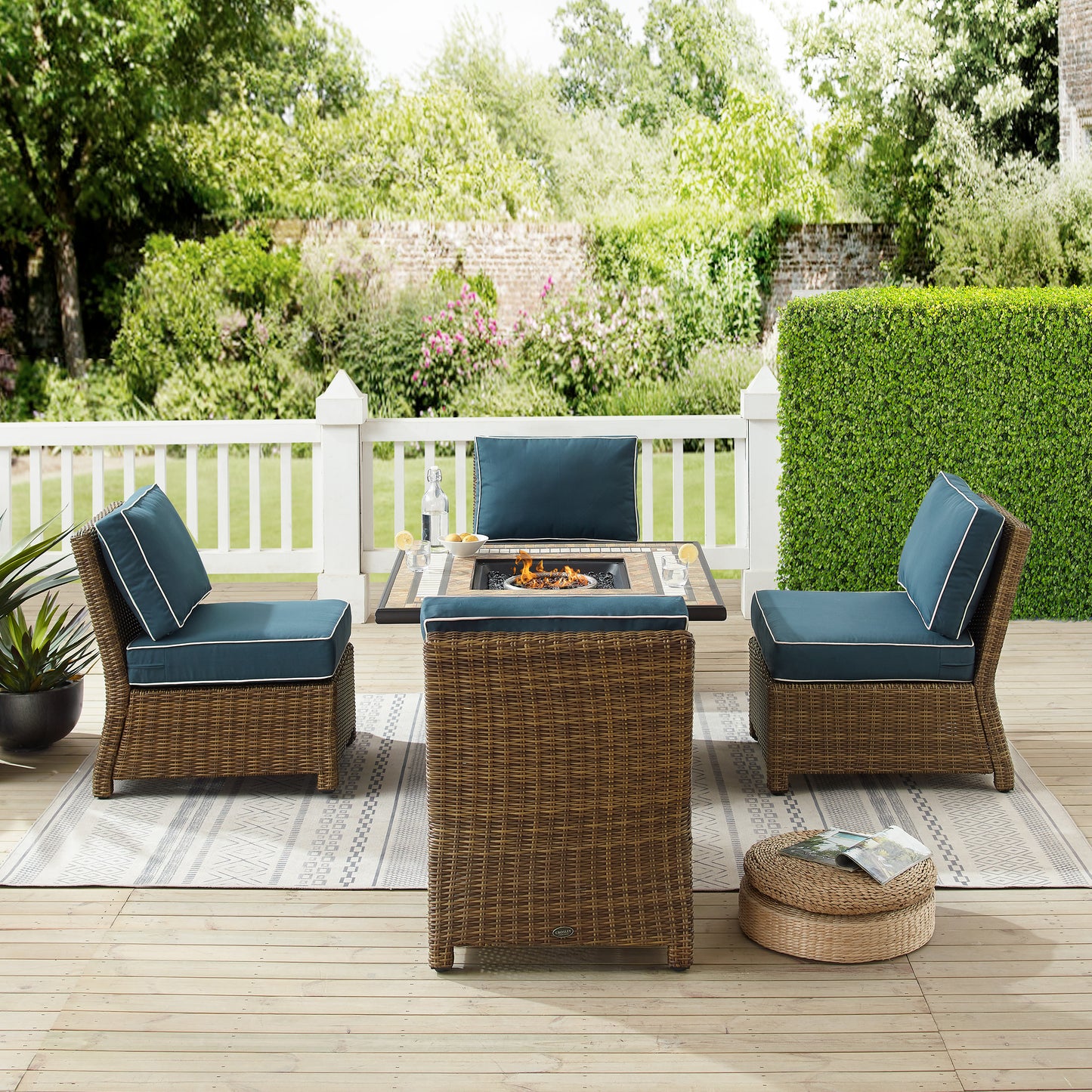 Bradenton 5Pc Outdoor Wicker Conversation Set W/Fire Table Navy/Weathered Brown - Tucson Fire Table & 4 Armless Chairs