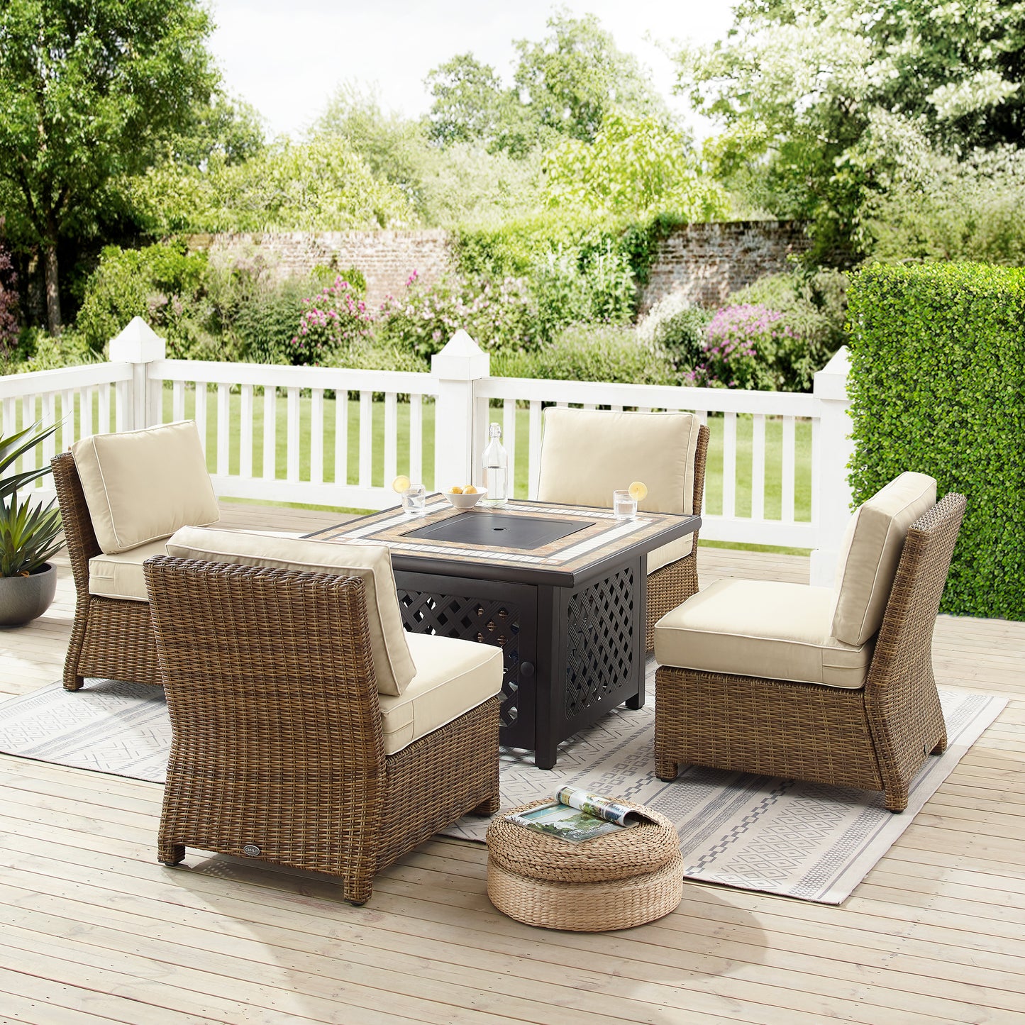 Bradenton 5Pc Outdoor Wicker Conversation Set W/Fire Table Sand/Weathered Brown - Tucson Fire Table & 4 Armless Chairs