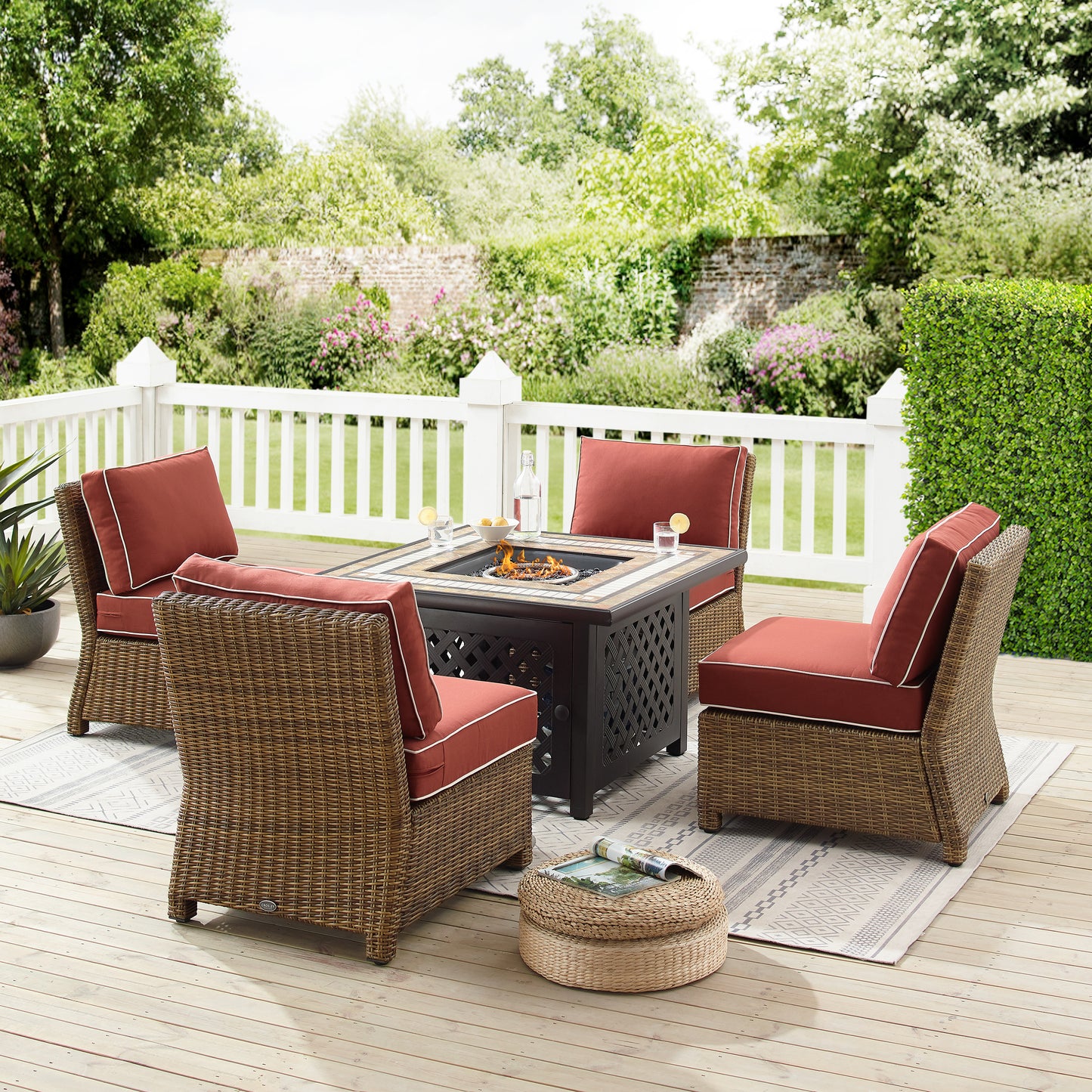 Bradenton 5Pc Outdoor Wicker Conversation Set W/Fire Table Sangria/Weathered Brown - Tucson Fire Table & 4 Armless Chairs