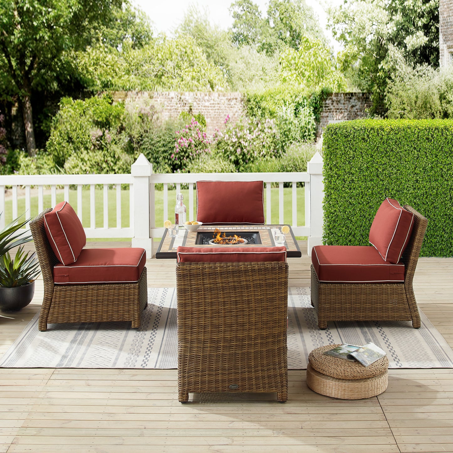 Bradenton 5Pc Outdoor Wicker Conversation Set W/Fire Table Sangria/Weathered Brown - Tucson Fire Table & 4 Armless Chairs