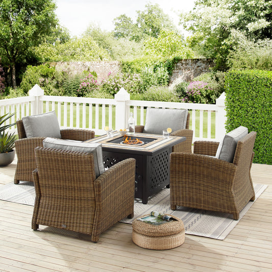 Bradenton 5Pc Outdoor Wicker Conversation Set W/Fire Table Gray/Weathered Brown - Tucson Fire Table & 4 Armchairs