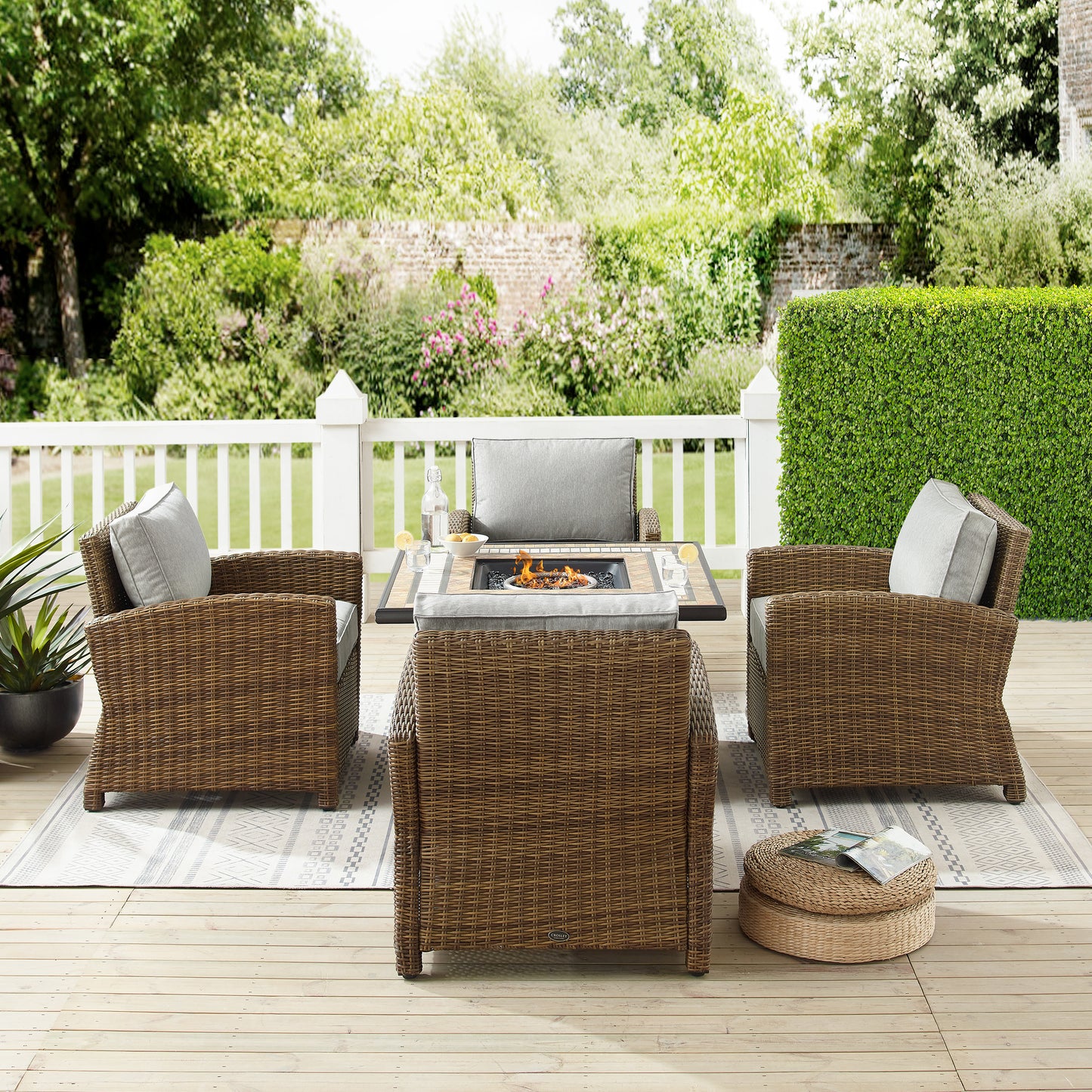 Bradenton 5Pc Outdoor Wicker Conversation Set W/Fire Table Gray/Weathered Brown - Tucson Fire Table & 4 Armchairs