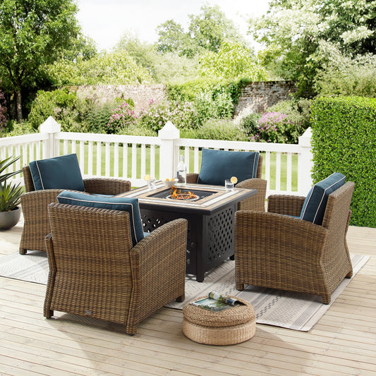 Bradenton 5Pc Outdoor Wicker Conversation Set W/Fire Table Navy/Weathered Brown - Tucson Fire Table & 4 Armchairs