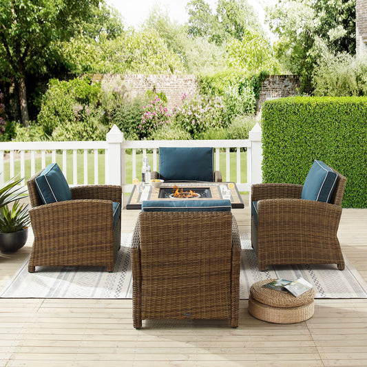 Bradenton 5Pc Outdoor Wicker Conversation Set W/Fire Table Navy/Weathered Brown - Tucson Fire Table & 4 Armchairs