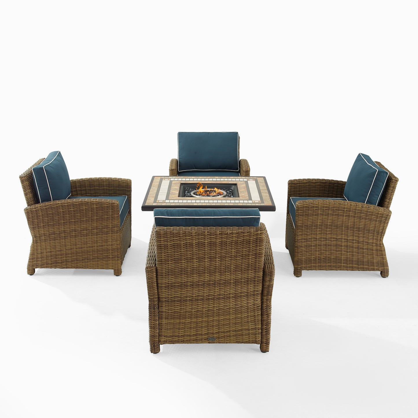 Bradenton 5Pc Outdoor Wicker Conversation Set W/Fire Table Navy/Weathered Brown - Tucson Fire Table & 4 Armchairs