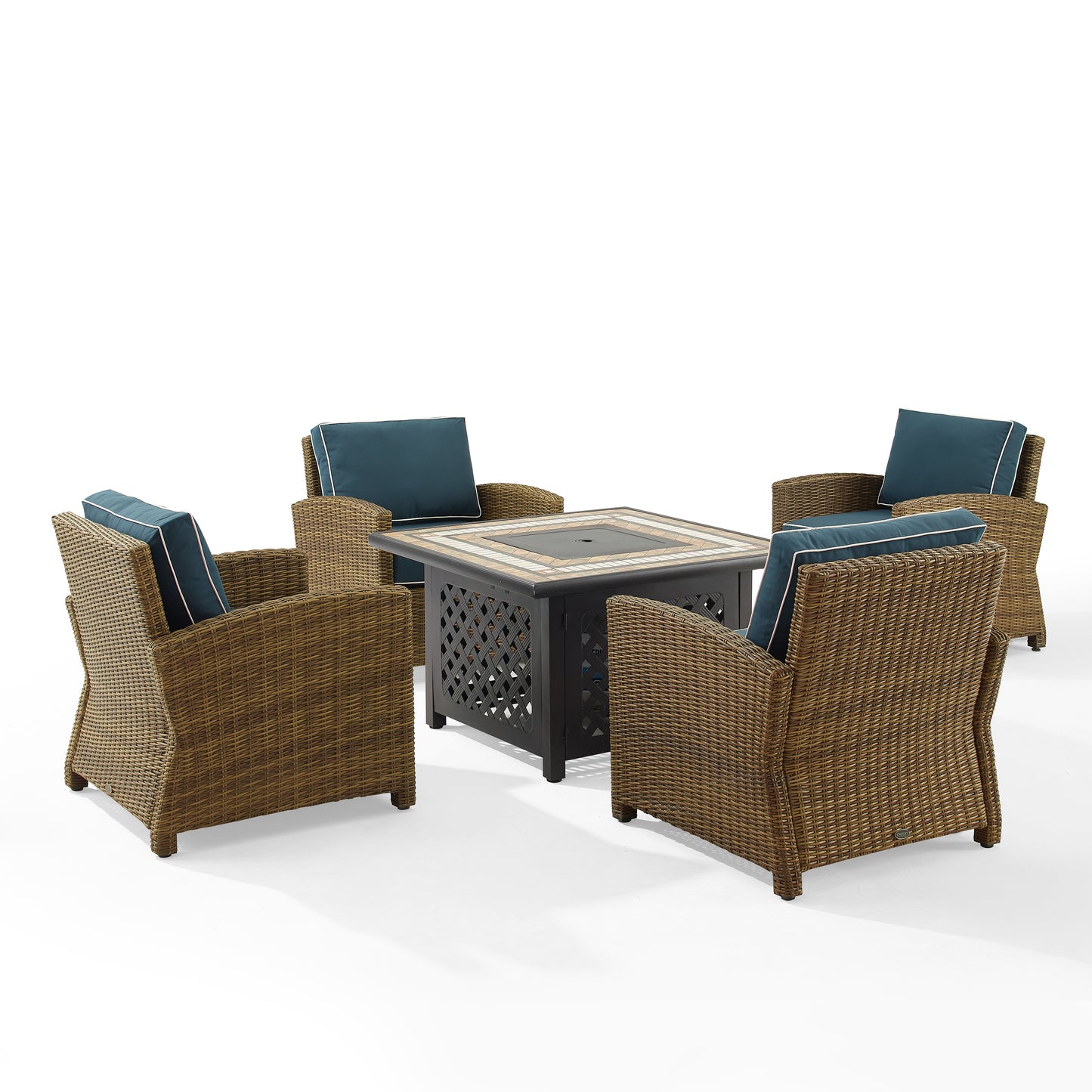 Bradenton 5Pc Outdoor Wicker Conversation Set W/Fire Table Navy/Weathered Brown - Tucson Fire Table & 4 Armchairs