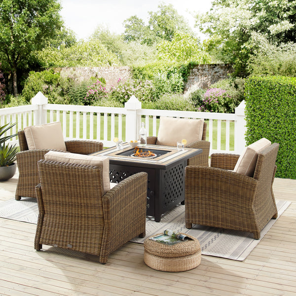 Bradenton 5Pc Outdoor Wicker Conversation Set W/Fire Table Sand/Weathered Brown - Tucson Fire Table & 4 Armchairs