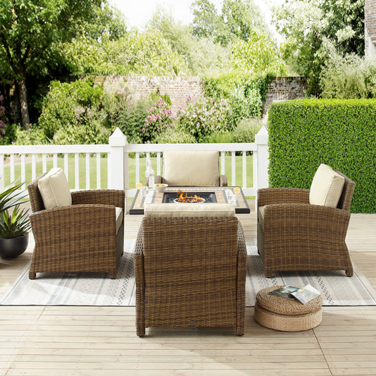 Bradenton 5Pc Outdoor Wicker Conversation Set W/Fire Table Sand/Weathered Brown - Tucson Fire Table & 4 Armchairs