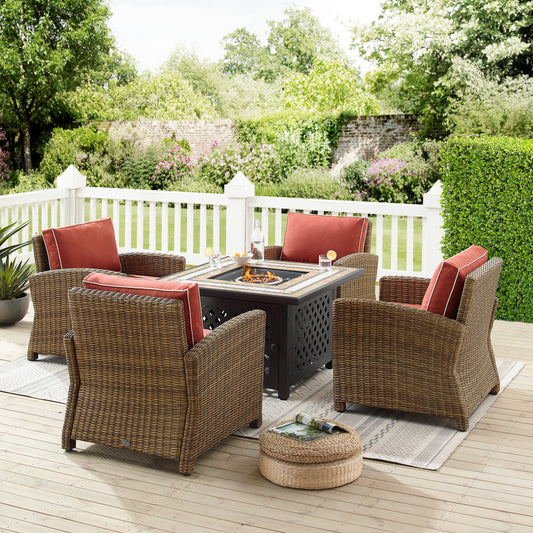 Bradenton 5Pc Outdoor Wicker Conversation Set W/Fire Table Sangria/Weathered Brown - Tucson Fire Table & 4 Armchairs