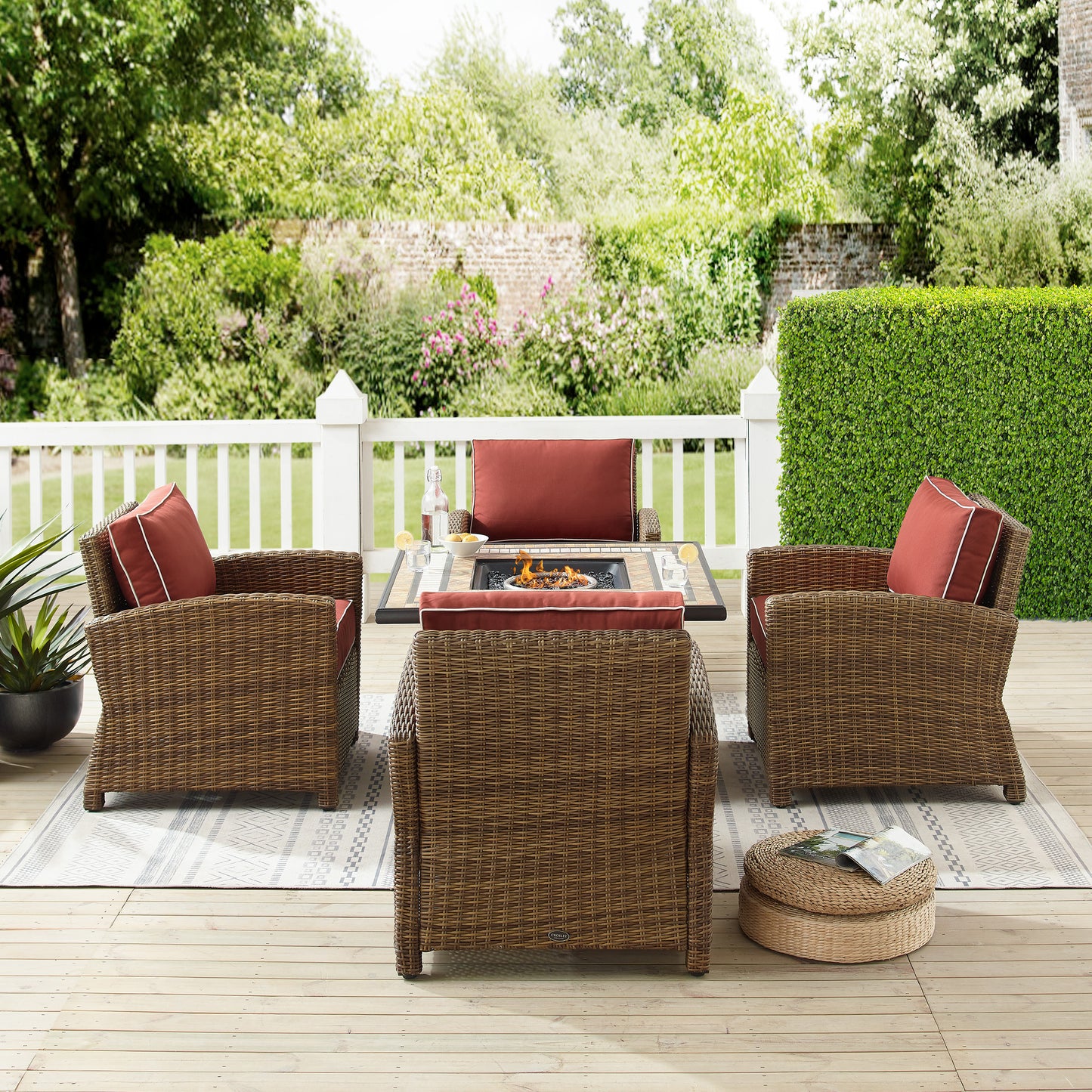 Bradenton 5Pc Outdoor Wicker Conversation Set W/Fire Table Sangria/Weathered Brown - Tucson Fire Table & 4 Armchairs