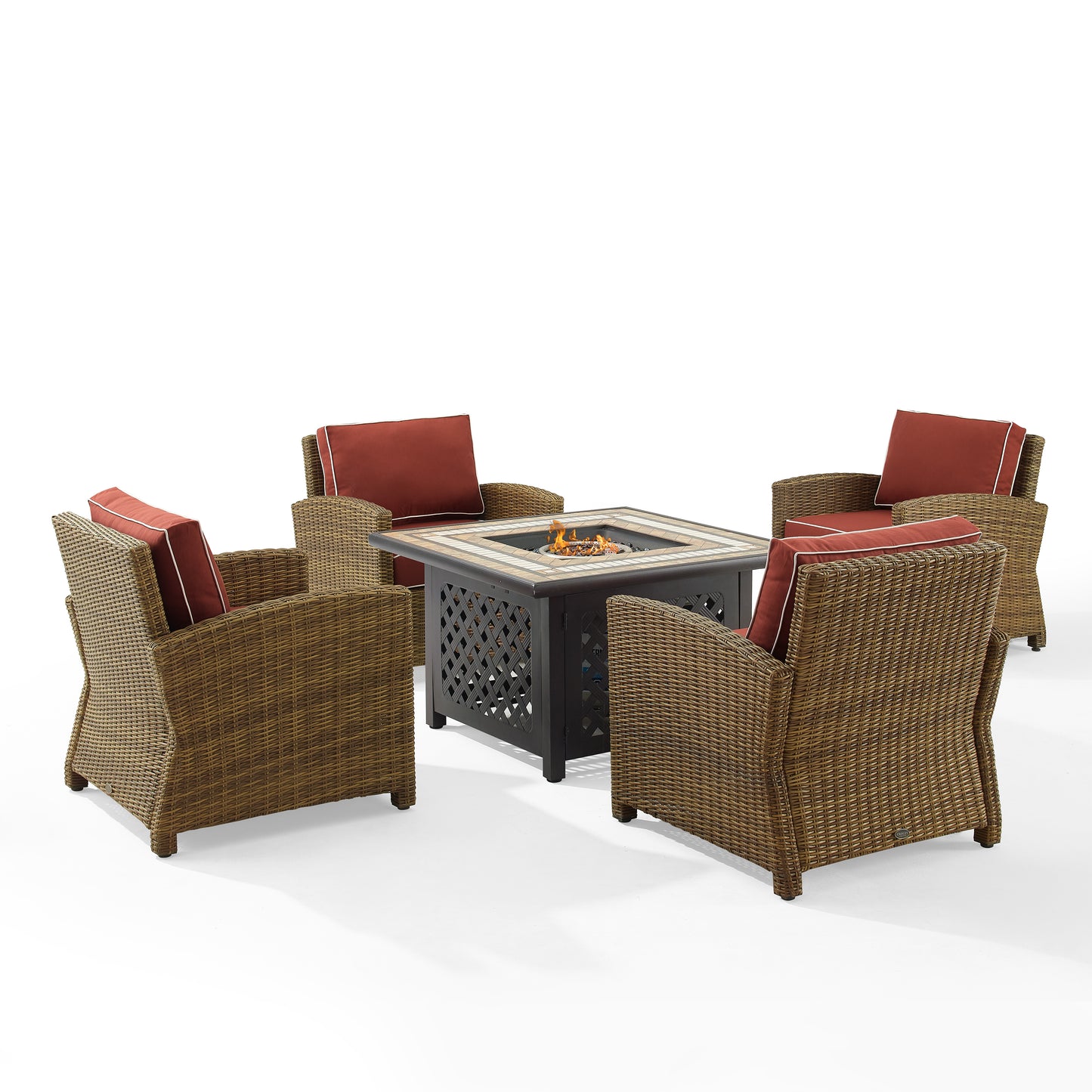 Bradenton 5Pc Outdoor Wicker Conversation Set W/Fire Table Sangria/Weathered Brown - Tucson Fire Table & 4 Armchairs