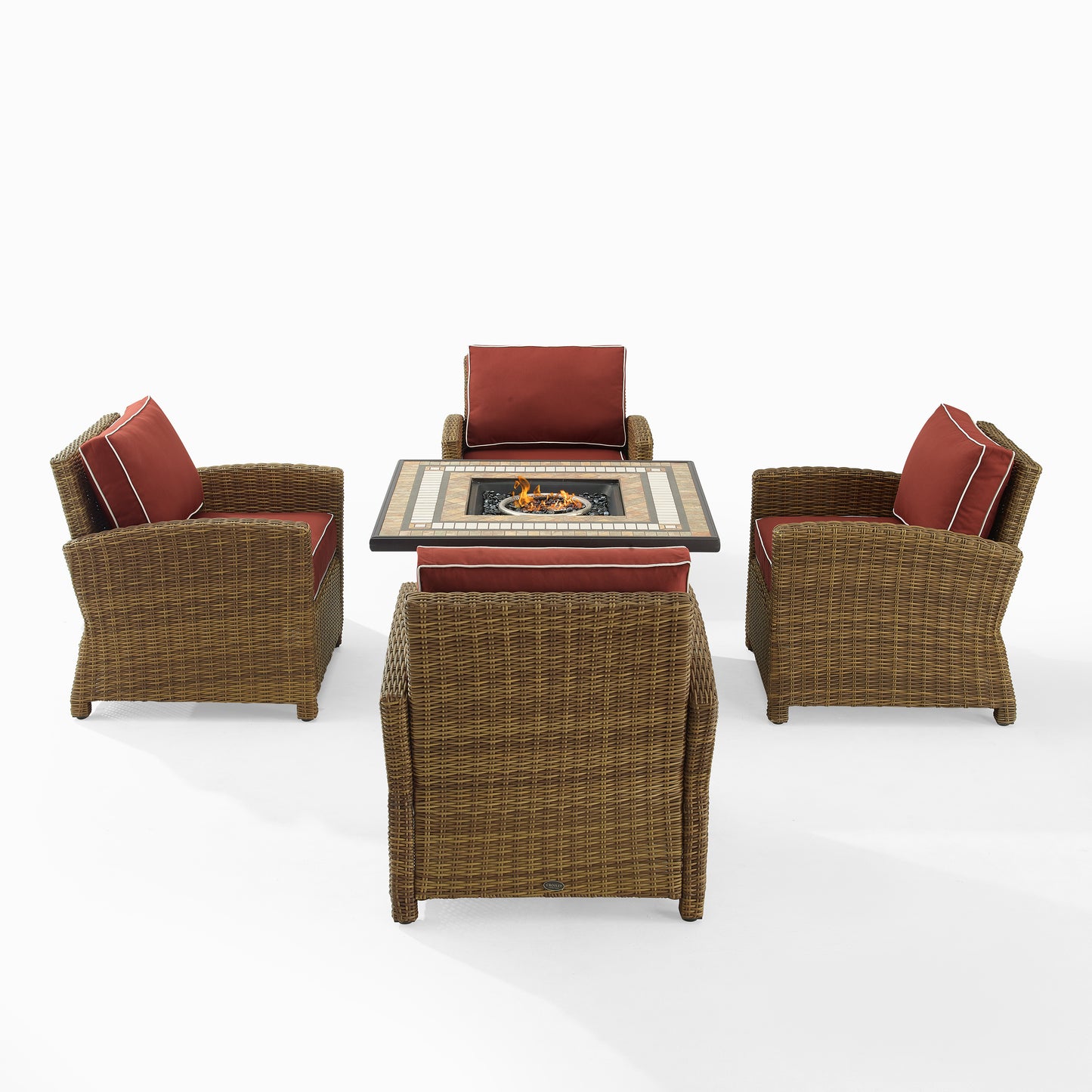 Bradenton 5Pc Outdoor Wicker Conversation Set W/Fire Table Sangria/Weathered Brown - Tucson Fire Table & 4 Armchairs