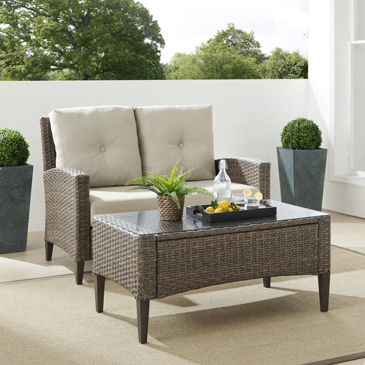 Rockport Outdoor Wicker 2Pc High Back Conversation Set Oatmeal/Light Brown - Loveseat & Coffee Table