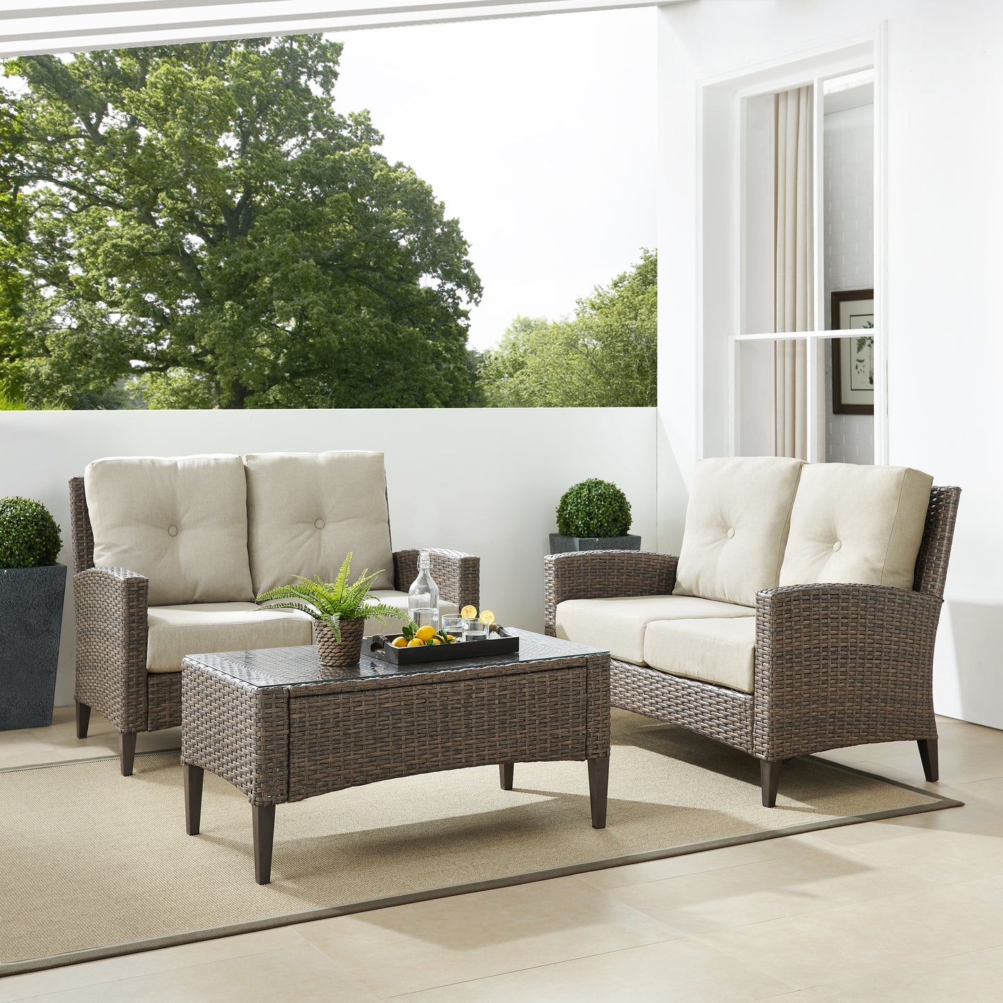 Rockport Outdoor Wicker 3Pc High Back Conversation Set Oatmeal/Light Brown - Coffee Table & 2 Loveseats