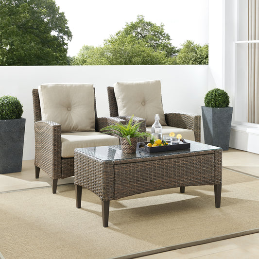 Rockport Outdoor Wicker 3Pc High Back Chair Set Oatmeal/Light Brown - Coffee Table & 2 Armchairs