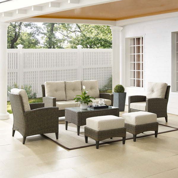 Rockport 6Pc Outdoor Wicker High Back Sofa Set Oatmeal/Light Brown - Sofa, Coffee Table, 2 Armchairs, & 2 Ottomans