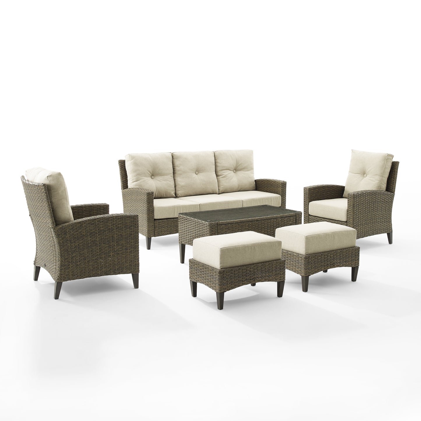 Rockport 6Pc Outdoor Wicker High Back Sofa Set Oatmeal/Light Brown - Sofa, Coffee Table, 2 Armchairs, & 2 Ottomans