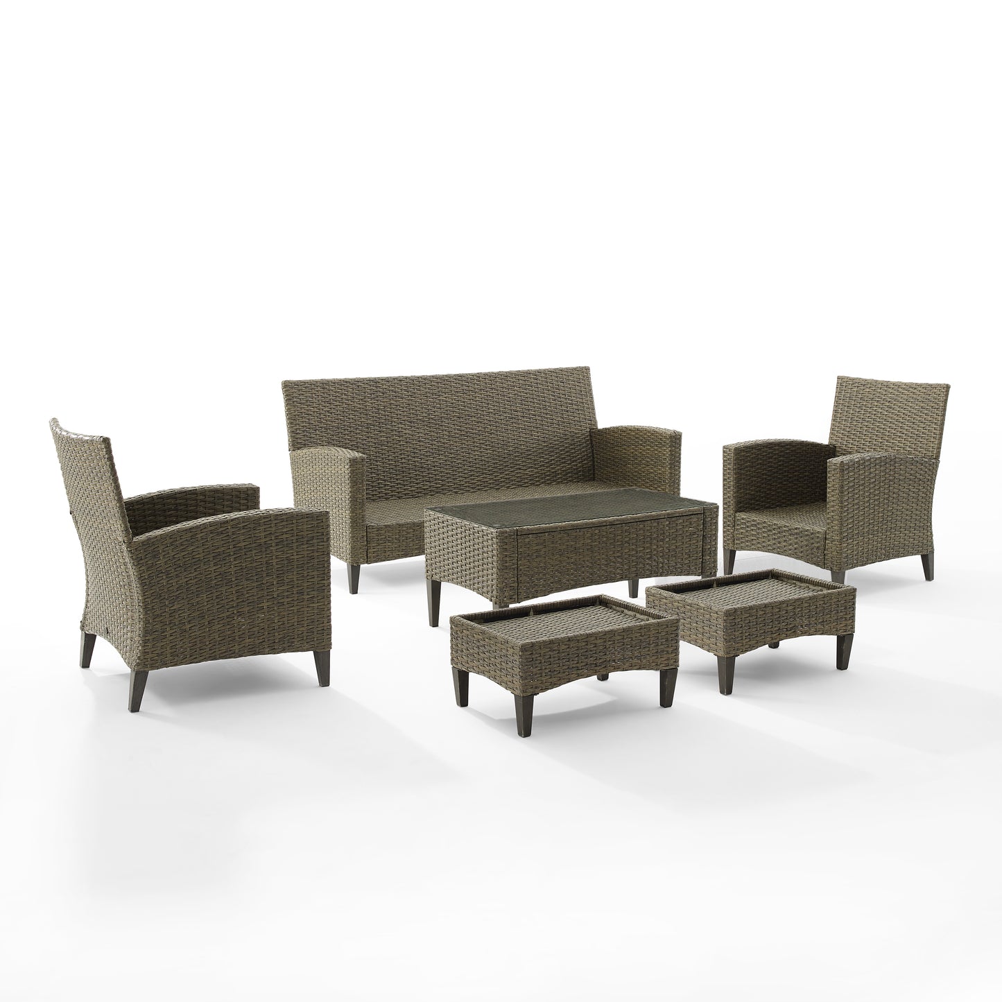 Rockport 6Pc Outdoor Wicker High Back Sofa Set Oatmeal/Light Brown - Sofa, Coffee Table, 2 Armchairs, & 2 Ottomans